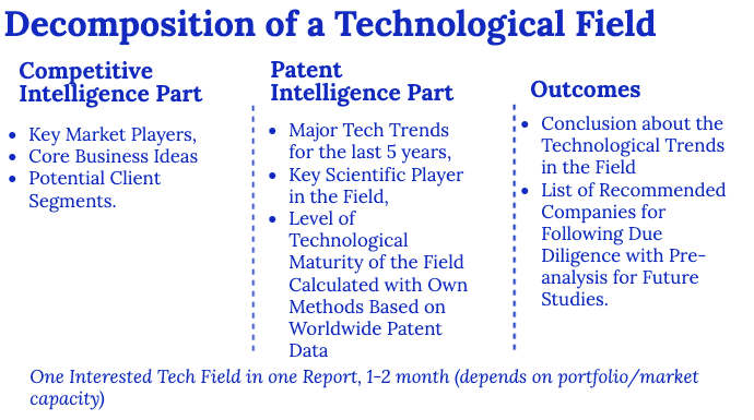 Decomposition of a Technological Field, Technological Forecast. The Competitive Intelligence Part of the Report includes: Key Market Players, Core Business Ideas, Potential Client Segments. The Patent Intelligence Part of the Report includes: Major Tech Trends for the last 5 years, Key Scientific Player in the Field, Level of Technological Maturity of the Field Calculated with Own Methods Based on Worldwide Patent Data. Outcomes: Conclusion about the Technological Trends and Forecast in the Field. List of Recommended Companies for Following Due Diligence with Pre-analysis for Future Studies. One Interested Tech Field in one Report, 1-2 month (depends on portfolio/market capacity). Competitive analysis, Patent Analysis